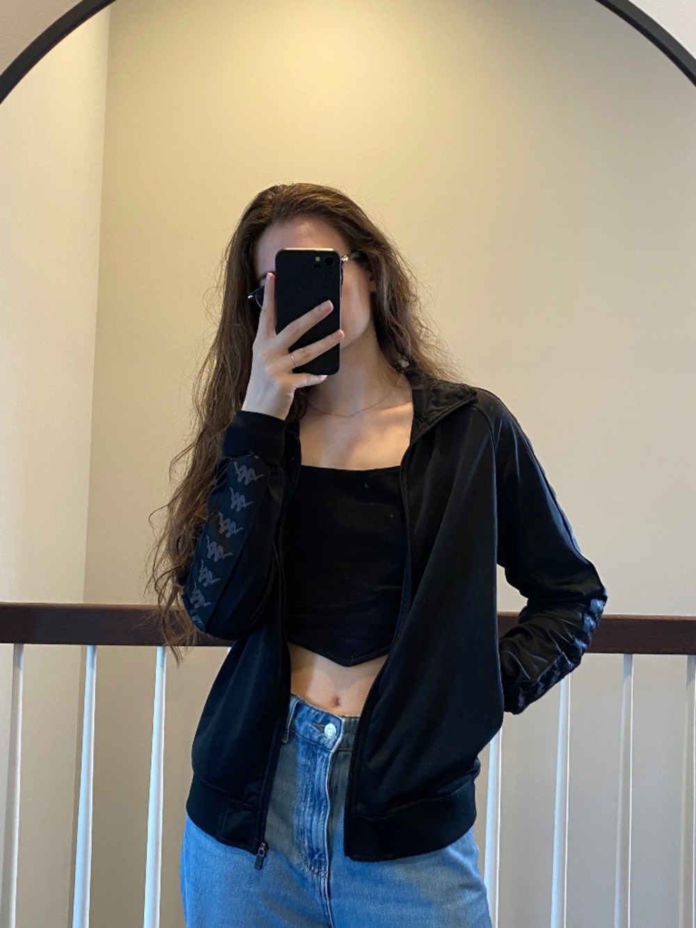 Kappa Black Track Jacket Womens Small Full Zip Logo Tape Y2K Streetwear